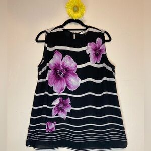 Peter Nygard~Lovely Sheer B&W Striped Floral Top~Sleeveless~Button Close~Size 14